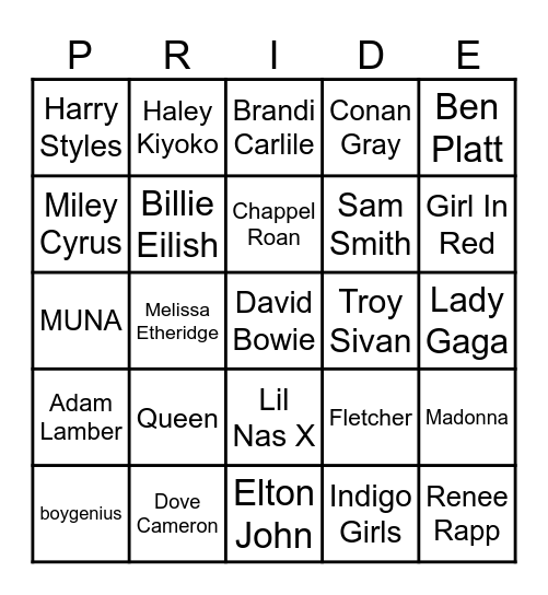 Pride Music Bingo Card