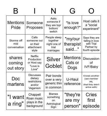 The Ultimatum: Queer Love Bingo Card