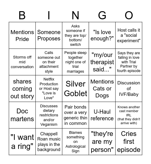 The Ultimatum: Queer Love Bingo Card