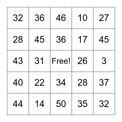 Addition + Subtraction Bingo Card