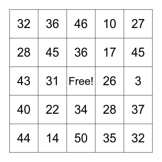 Addition + Subtraction Bingo Card