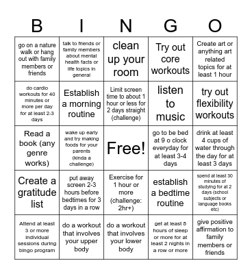 mental health tryout bingo Card