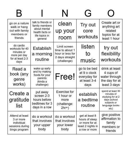 mental health tryout bingo Card