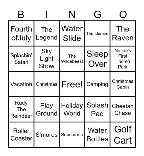 Our Family Trip Bingo Card