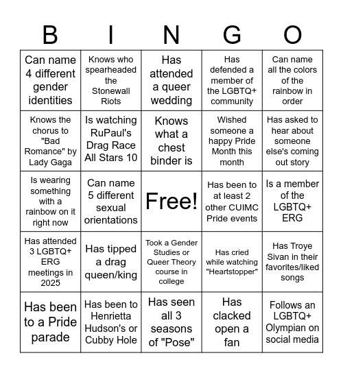 CUIMC Pride Mixer Bingo Card