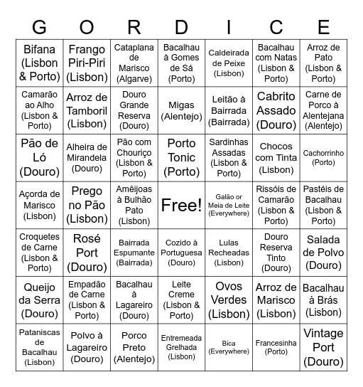 Portuguese Food Bingo Card