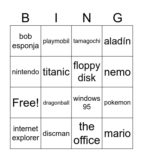 Años 90 Bingo Card