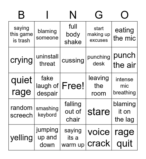 gamer rage bingo Card