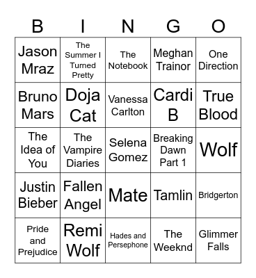 Romantasy, Love Songs, & Movies/TV Bingo Card