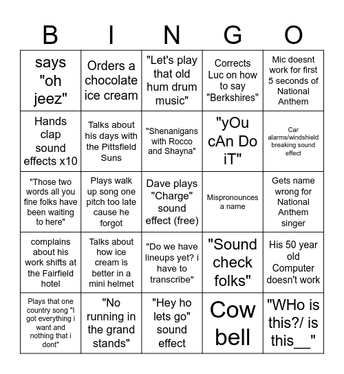 Pa Announcer Dave Bingo 6/25 Bingo Card