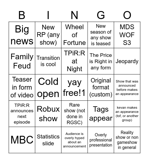 gameshow direct 25 bingo Card