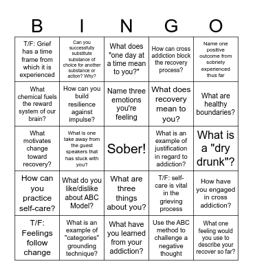 Recovery Bingo Card