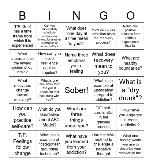 Recovery Bingo Card