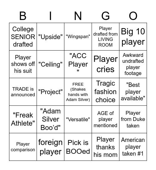 NBA Draft Bingo Card