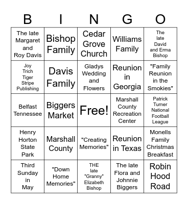 Bisho[ Davis Williams Family Reunion Bingo Card