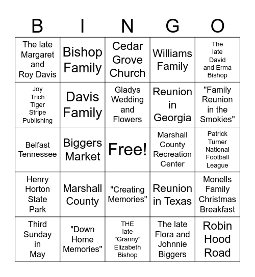 Bisho[ Davis Williams Family Reunion Bingo Card