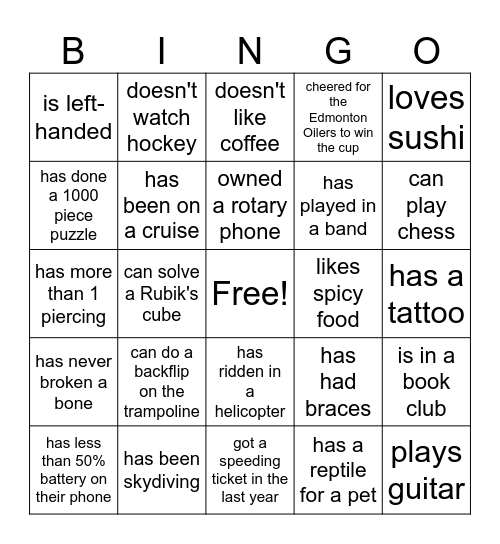 Reunion Bingo Card