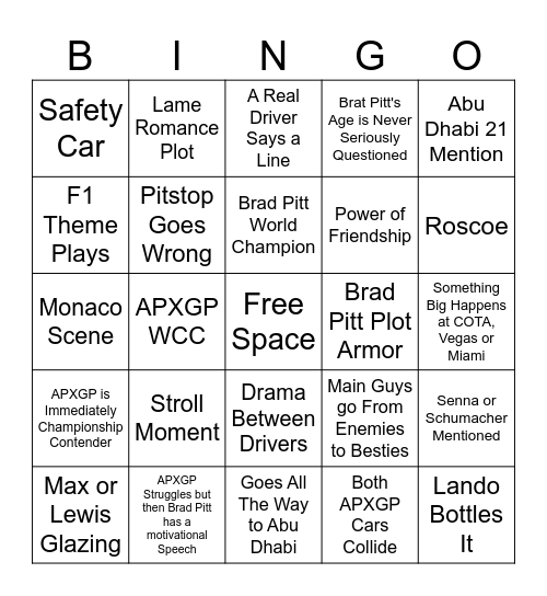 F1 Movie Bingo Card