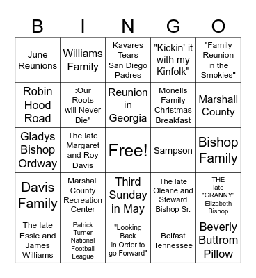 Bishop Davis Williams Family Reunion Bingo Card