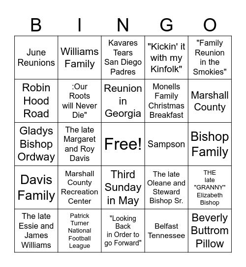 Bishop Davis Williams Family Reunion Bingo Card