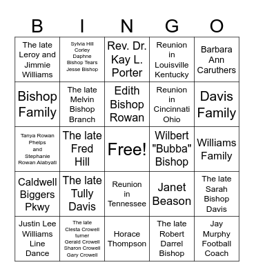 Bishop Davis Williams Family Reunion Bingo Card