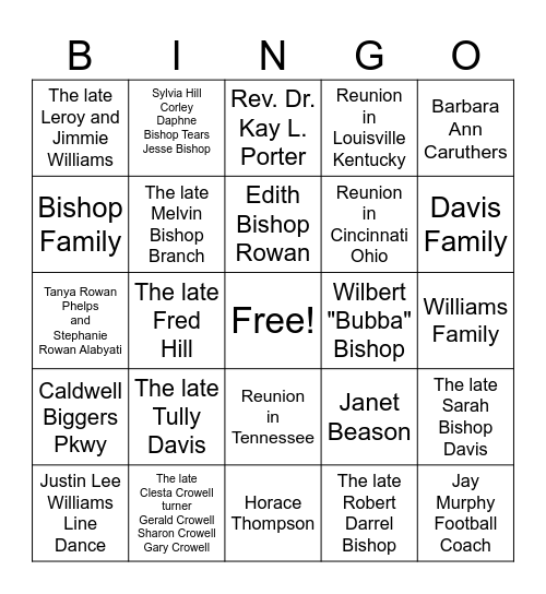 Bishop Davis Williams Family Reunion Bingo Card