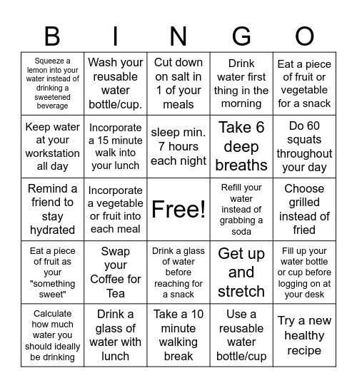 Hydration Bingo Card