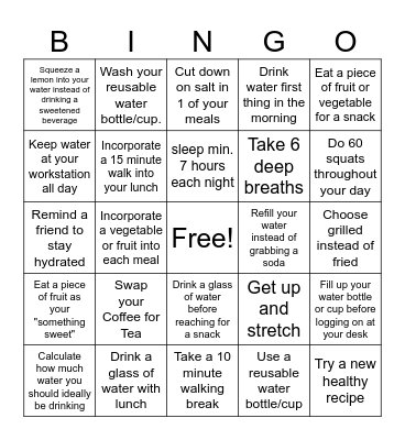 Hydration Bingo Card