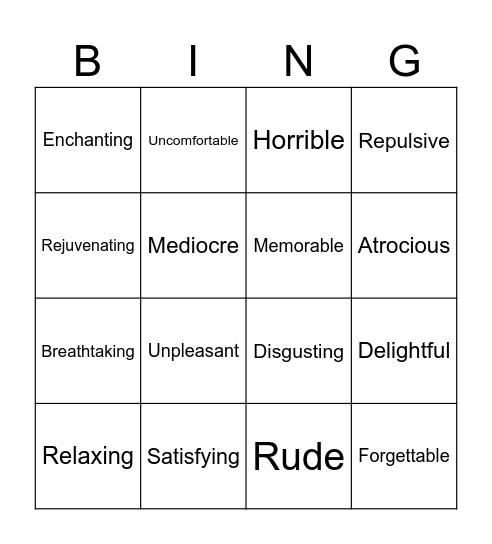 Adjectives Bingo Card
