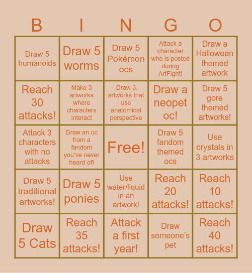 ArtFight 2025 Bingo Card