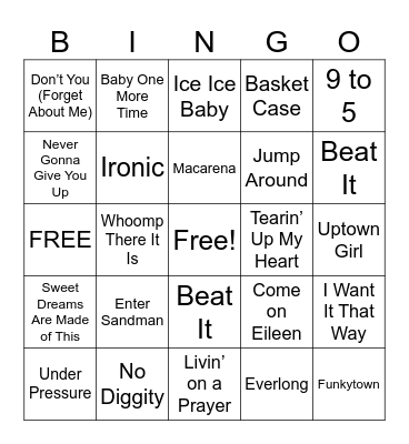 80s & 90s Music Bingo Card