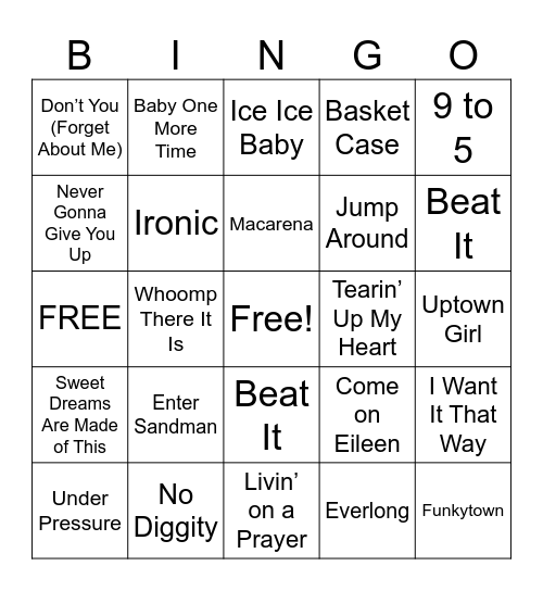80s & 90s Music Bingo Card