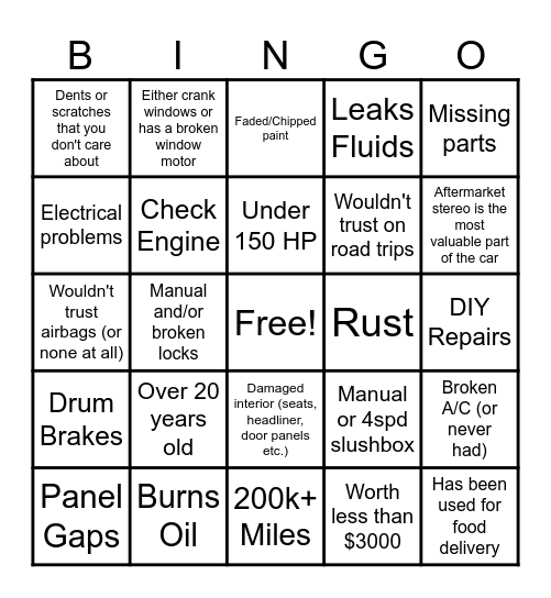 shitbox bingo Card