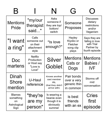The Ultimatum: Queer Love Bingo Card