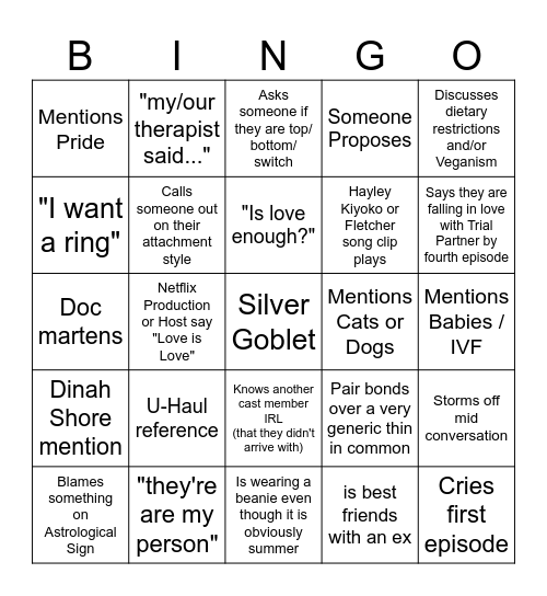 The Ultimatum: Queer Love Bingo Card