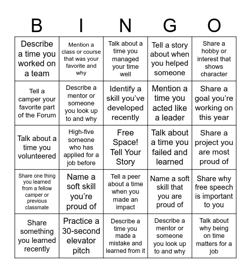 Telling Your Story Bingo Card