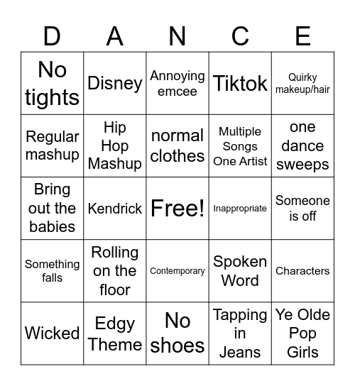 2025 Dance Nattys Bingo Card