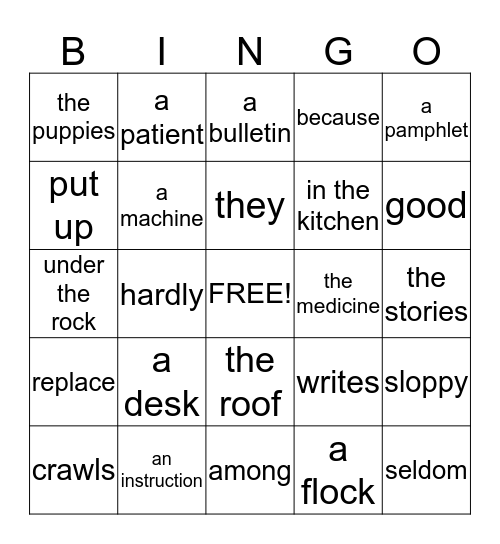 English Grammar Bingo Card