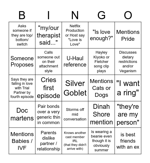 The Ultimatum: Queer Love Bingo Card