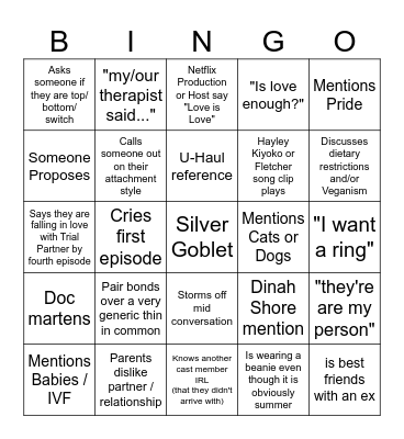 The Ultimatum: Queer Love Bingo Card