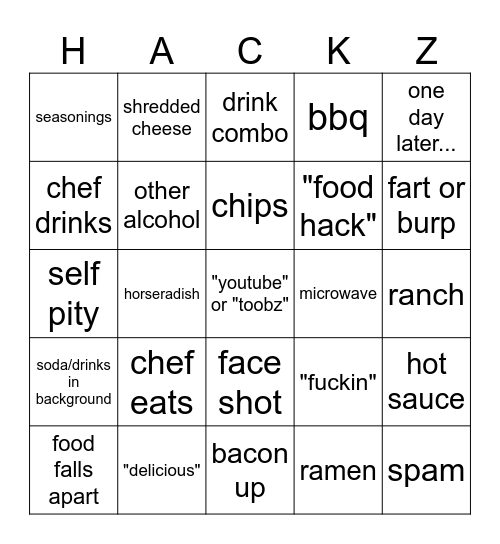 Food Hack Bingo Card