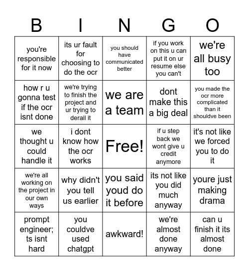 freedom from ocr hellhole Bingo Card