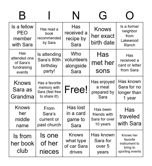 Sara's Circle Bingo Card
