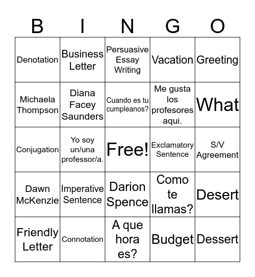 Language Department BINGO Card