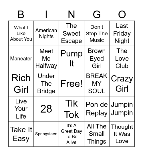 Alana’s Playlist Bingo Card