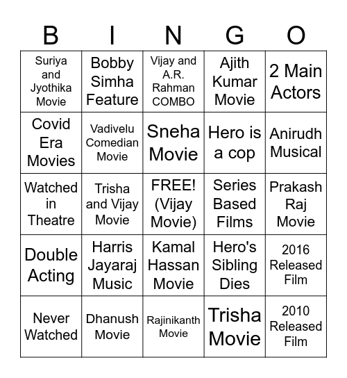 Tamil Movie BINGO Card