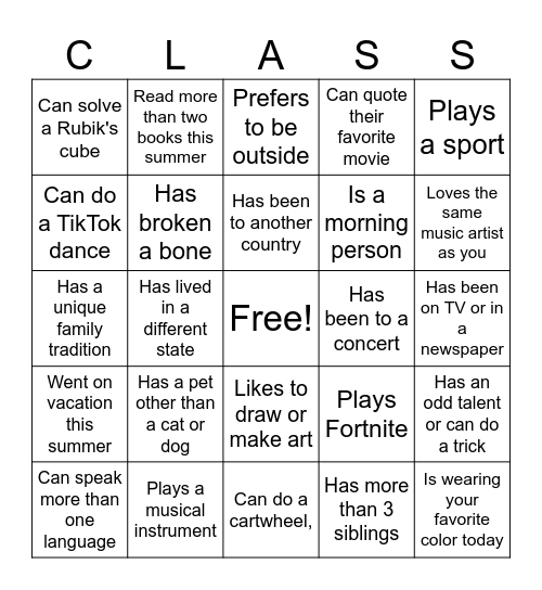 Class Bingo Card