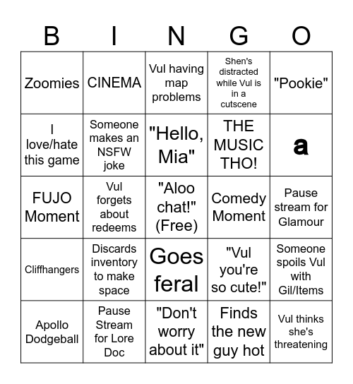 Vulpixie FFXIV Stream Bingo Card