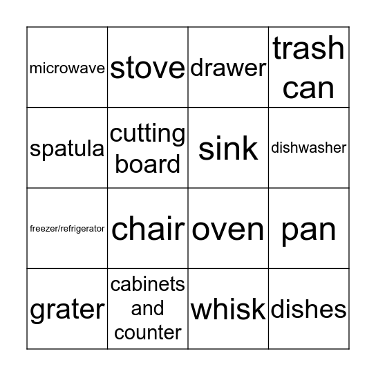 Kitchen Vocabulary Words Bingo Card