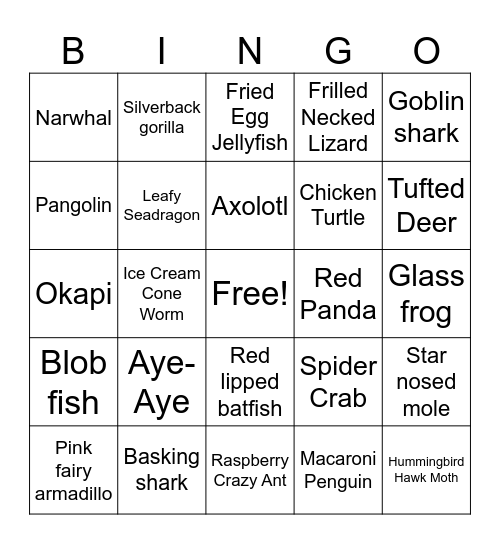 List of Unique Animals Bingo Card